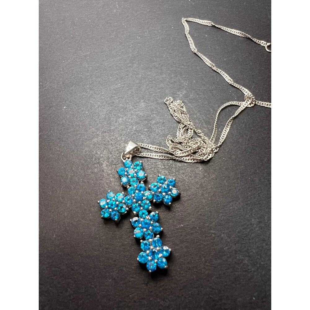 Neon Blue Apatite Rhodium Over Sterling Silver Cross Pendant With Chain 3.25ctw - Picture 9 of 16